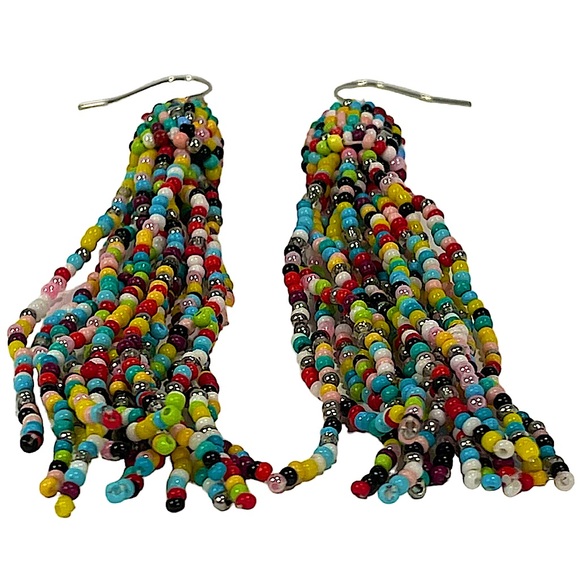 Seed bead rainbow tassel earrings, bright vibrant colors! NEW - Picture 2 of 7